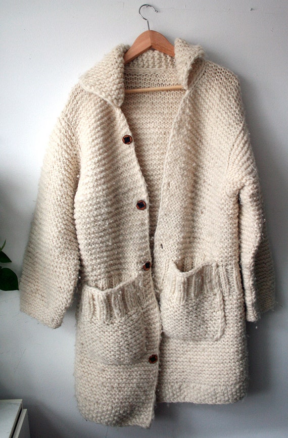 Vintage Handmade Wool Cardigan Long Chunky Warm Sw