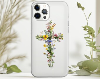 Floral Cross iPhone Clear Case 17 Pro Max 16 15 14 Plus 13 Mini 12 11 SE XS Transparent Cover Samsung S25 S24 Ultra S23 S22 Christian Gifts
