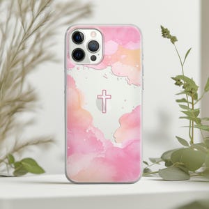 Pink Cross iPhone 15 Pro Max Case 14 Plus 13 12 Mini SE 11 XS Religious Christian Clear Cover Samsung S24 S23 Ultra S22 S20 Cute Watercolor