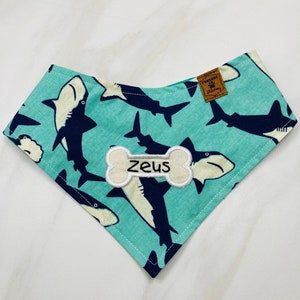Shark! Custom Dog Bandana, Reversible dog bandana, cute dog bandana, personalized dog bandana, dog gift, dog boy bandana