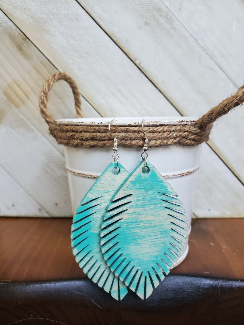 Lightweight Earrings Wooden Earrings Earrings Drop Earrings Wood Earrings Turquoise Ombre Leaf Wood Earrings