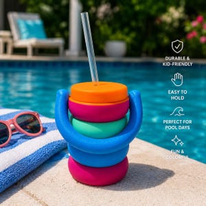 May include: A multi-coloured plastic tumbler with a clear straw, featuring stacked orange, magenta, teal, blue, and pink circular segments and a curved blue handle. Text on the right reads: DURABLE & KID-FRIENDLY, EASY TO HOLD, PERFECT FOR POOL DAYS, FUN & COLORFUL.