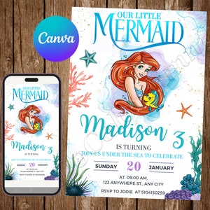 Faire-part petite sirène fête d'anniversaire Faire-part d'anniversaire Ariel petite sirène aquarelle faire-part modifiable Ariel carte numérique