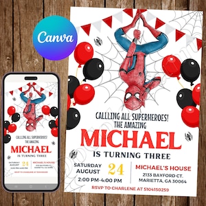 Convite de aniversário do Homem-Aranha Convite de aniversário do Homem-Aranha Convite editável em aquarela do Homem-Aranha Cartão digital para impressão do Homem-Aranha