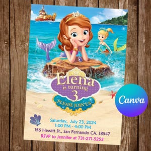 May include: A purple and blue mermaid-themed birthday invitation for a girl named Elena turning three. The invitation features a cartoon image of Elena as a mermaid with a crown and a purple tail. The text on the invitation reads "Elena is turning 3, Please Join Us".