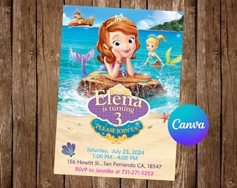 May include: A purple and blue mermaid-themed birthday invitation for a girl named Elena turning three. The invitation features a cartoon image of Elena as a mermaid with a crown and a purple tail. The text on the invitation reads "Elena is turning 3, Please Join Us".
