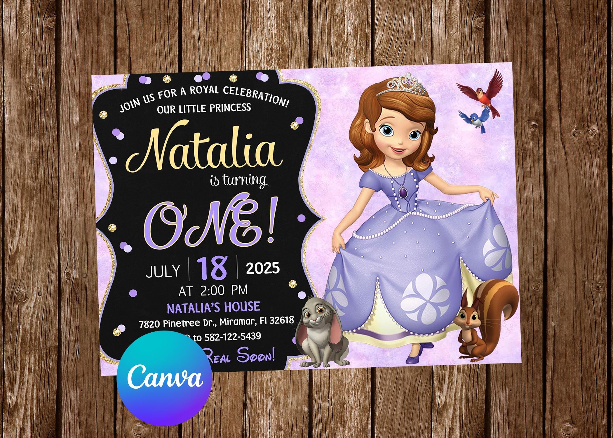 sofia the first invitation card editable SOFIA THE FIRST Printed or Digital Birthday Party Invitation With Phot –  BinvitedDesigns main image 1