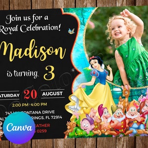 Convite de aniversário da Branca de Neve Festa de aniversário da princesa Branca de Neve Convite de aniversário da Branca de Neve Convite editável da Branca de Neve Cartão digital da Branca de Neve