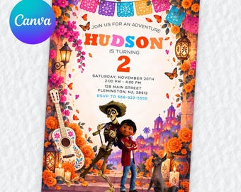 May include: A rectangular birthday invitation card featuring a colorful illustration of a skeleton, a child, and a dog. The text reads: JOIN US FOR AN ADVENTURE, HUDSON IS TURNING 2, SATURDAY, NOVEMBER 20TH, 2:00 PM - 4:00 PM, 128 MAIN STREET, FLEMINGTON, NJ, 38812, RSVP TO 568-923-5555.