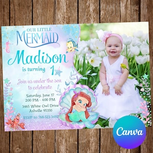 Baby Little Mermaid Invitation Birthday Party Ariel Birthday Invitation Little Mermaid Editable Invitation Ariel Digital Printable Card
