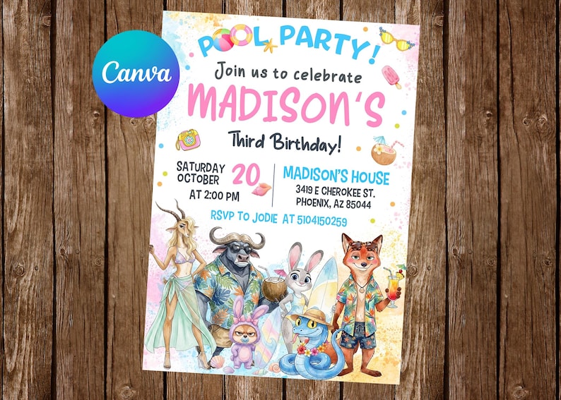 Op de afbeelding: Een kleurrijke zwembadfeestuitnodiging met de tekst "POOL PARTY!" en "MADISON'S Third Birthday!". De uitnodiging toont cartoon dierenfiguren in tropische kleding. De datum is zaterdag 20 oktober om 14:00 uur.