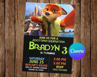 Zaproszenie na przyjęcie urodzinowe Zootopia Zaproszenie na urodziny Zootopia Zaproszenie na Zootopia Edytowalne zaproszenie Zootopia Cyfrowa karta do druku Zootopia
