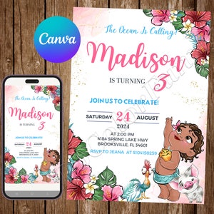 Baby Moana Invitation Birthday Party Baby Moana Birthday Invitation Moana Invite Moana Watercolor Editable Invitation Moana Digital Card