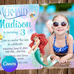 Invitation fête d'anniversaire de la petite sirène Invitation d'anniversaire d'Ariel Invitation modifiable de la petite sirène Carte imprimable numérique d'Ariel