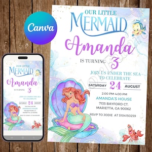 Little Mermaid Invitation Birthday Party Ariel Birthday Invitation Little Mermaid Watercolor Editable Invitation Ariel Digital Card