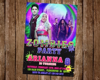 May include: A colorful invitation for a Zombies party for an 8-year-old named Arianna. The invitation features characters from the Disney Channel movie Zombies, including Zed and Addison. The invitation includes the date, time, and location of the party.
