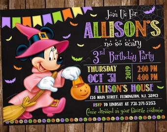 May include: A Halloween party invitation featuring a cartoon Minnie Mouse dressed as a witch holding a pumpkin bucket. The invitation is for Allison's 3rd birthday party on Thursday, October 31st, 2019, from 2:00 PM to 4:00 PM at Allison's house. The address is 128 Main Street, Flemington, NJ 38912. RSVP to Lindsay at 731-271-5253. The invitation says "Come dressed in your favorite costume."