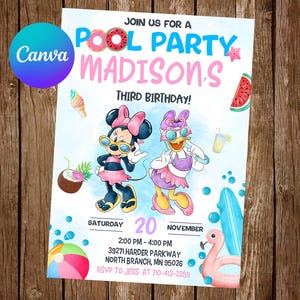 Invitation Minnie Mouse Daisy Duck Fête d'anniversaire Minnie Mouse Pool Party Invitation d'anniversaire Minnie Mouse Invitation modifiable Carte numérique