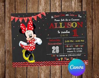 Invitación de Minnie Mouse para fiesta de cumpleaños. Invitación de cumpleaños de Minnie Mouse. Invitación editable de Minnie Mouse. Tarjeta digital imprimible.