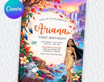 Convite de aniversário de 1 ano da Pocahontas, modelo editável do Canva, Cores do Vento, Festa do Meeko e da Flit, Download Digital