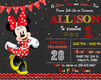 Invitación de Minnie Mouse Invitación roja para fiesta de cumpleaños de Minnie Mouse Fiesta de Minnie Mouse Invitación de Minnie Mouse Minnie Mouse imprimible