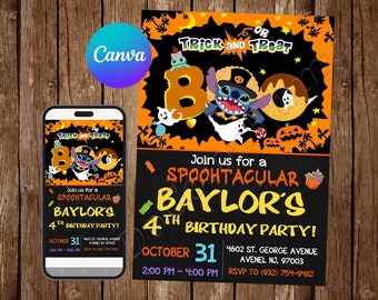 May include: A Halloween-themed birthday party invitation featuring a blue cartoon character with a black hat and a ghost. The invitation says "Join us for a Spoohtacular Baylor's 4th Birthday Party!" with the date and time of the party.