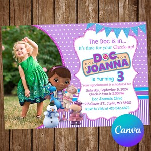 Invito per festa di compleanno di Doc McStuffins Invito per compleanno di Doc McStuffins Invito modificabile di Doc McStuffins Biglietto digitale di Doc McStuffins