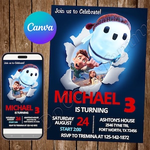 May include: A birthday party invitation featuring a cartoon character bursting through a torn paper effect. The invitation includes the text "MICHAEL 3 IS TURNING" in red, along with event details. A smartphone displays the same design.