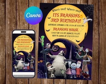 May include: A Nightmare Before Christmas themed birthday invitation with a purple background, a yellow moon, and a black spiderweb pattern. The invitation features Jack Skellington, Sally, and other characters from the movie. The text on the invitation reads "What's this? What's this? It's Branson's 3rd Birthday!" and includes the date, time, and location of the party.