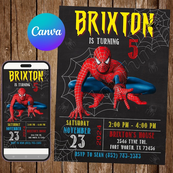 Invitation Spiderman fête d'anniversaire Invitation d'anniversaire Spiderman Invitation modifiable Spiderman Carte imprimable numérique Spiderman