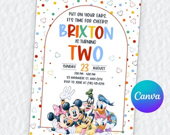 Mickey And Friends Invitation, Editable Canva Template, Watercolor Oh Twodles, Rainbow Arch 2nd Bday, Toddler Kids Party