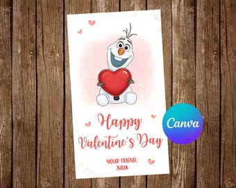 May include: Valentine's Day card featuring Olaf from Frozen holding a red heart. The card has the text "Happy Valentine's Day" and "Your friend, Julia" on a white background with pink hearts and a Canva logo.