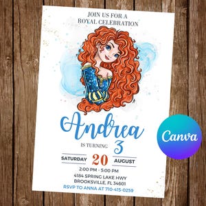 Op de afbeelding: Een verjaardagsuitnodiging met een cartoonillustratie van een roodharig meisje in een blauwe jurk. De tekst luidt "Join us for a Royal Celebration, Andrea wordt 3, Zaterdag 20 augustus, 14:00 - 17:00 uur, 4184 Spring Lake Hwy, Brooksville, FL 34601, RSVP aan Anna op 710-415-0259".