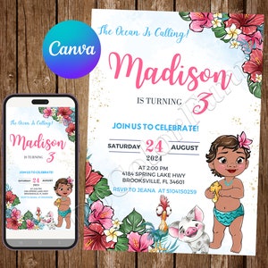 Baby Moana Invitation Birthday Party Baby Moana Birthday Invitation Moana Invite Moana Watercolor Editable Invitation Moana Digital Card
