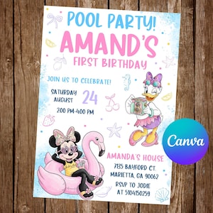 Minnie Mouse Party Invitation, Editable Canva Template, Daisy Duck Pool Theme, Flamingo Float Summer 1st Birthday, Digital Download