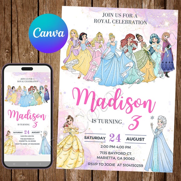 Princess Invitation Birthday Party Frozen Birthday Invitation Ariel Watercolor Jasmine Belle Editable Invitation Cinderella Rapunzel