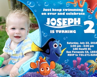 May include: A blue and white invitation card with a picture of a baby boy. The card features characters from the movie Finding Nemo, including Dory, Nemo, and a turtle. The text on the card reads "Just keep swimming on over and celebrate Joseph is turning 2. Saturday, July 23, 2016 1:00 pm - 4:00 pm 156 Hewitt St. San Fernando CA, 18547 RSVP to 731-271-5253."