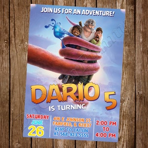 May include: A rectangular birthday invitation card featuring characters from the movie Strange World. The text reads JOIN US FOR AN ADVENTURE, DARIO IS TURNING 5, SATURDAY JUNE 26, 416 E JOHNSON ST. FAIRFIELD, IL 62837, 2:00 PM TO 4:00 PM, RSVP TO CAITLIN AT 568-923-5555.