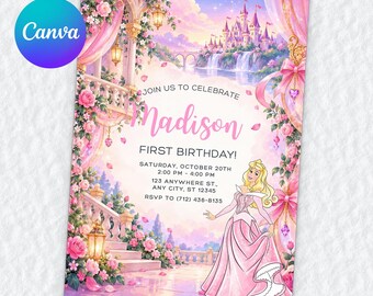 Convite de aniversário de 1 ano da Bela Adormecida, modelo editável do Canva, Era uma vez um sonho, festa da Princesa Aurora, download digital