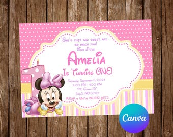 Baby Minnie Mouse Invitation Birthday Party Baby Minnie Mouse First Birthday Invitation Minnie Mouse Editable Invitation Digital Card