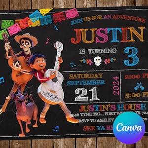 Invitation Coco, fête d'anniversaire, Invitation d'anniversaire Coco, Invitation Fiesta, Invitation Coco modifiable, Carte imprimable numérique Coco