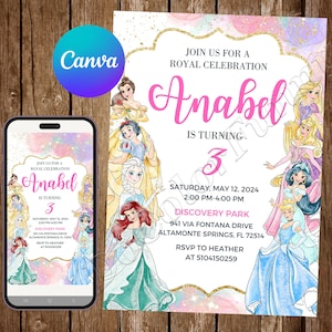 Princess Invitation Birthday Party Frozen Birthday Invitation Rapunzel Watercolor Aurora Belle Editable Invitation Cinderella Snow White