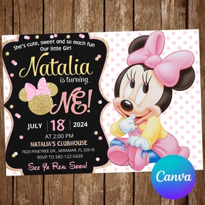 Fête d'anniversaire de fête d'anniversaire de bébé Minnie Mouse Invitation de premier anniversaire de bébé Minnie Mouse, carte numérique d'invitation modifiable de Minnie Mouse
