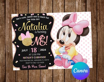 Baby Minnie Mouse Invitation Birthday Party Baby Minnie Mouse First Birthday Invitation Minnie Mouse Editable Invitation Digital Card