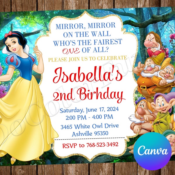 Snow White Invitation Birthday Party Princess Snow White Birthday Invitation Snow White Editable Invitation Snow White Digital Card