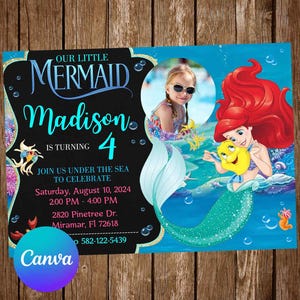 Invito per la festa di compleanno della Sirenetta, invito di compleanno di Ariel, invito modificabile della Sirenetta, biglietto d'auguri digitale stampabile Ariel