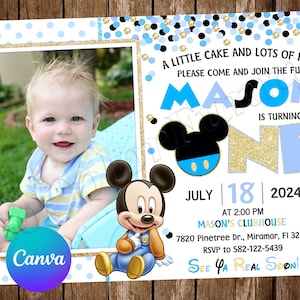 Zaproszenie na przyjęcie urodzinowe Baby Mickey Mouse Zaproszenie na pierwsze urodziny Baby Mickey Mouse Edytowalne zaproszenie Cyfrowa karta