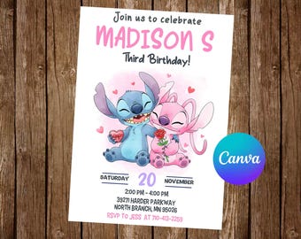 Zaproszenie na Walentynki Stitch Zaproszenie Stitch Zaproszenie na Urodziny Anioła Zaproszenie na Imprezę Stitch Edytowalne Zaproszenie Stitch Cyfrowa Karta
