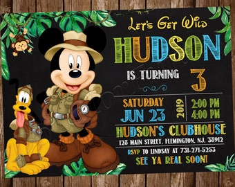 May include: A colorful invitation for a birthday party with a jungle theme. Mickey Mouse and Pluto are dressed as explorers. The invitation says "Let's Get Wild Hudson is Turning 3 Saturday Jun 23 2019 2:00 PM 4:00 PM Hudson's Clubhouse 128 Main Street. Flemington. NJ. 38912 RSVP to Lindsay at 731-271-5253 See Ya Real Soon!"