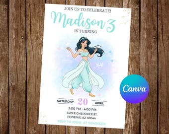 Convite de Aniversário da Princesa Jasmine, Convite de Aniversário da Jasmine em Aquarela Editável, Convite Digital da Jasmine